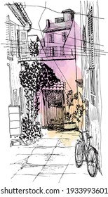illustration à l'encre dessinée à la main d'une vieille rue d'Antibes, avec quelques parties de couleur (rose, orange et jaune)