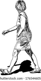 hand drawn ink illustration of the profile of a walking woman with sandals and summer clothes : a tshirt and a skirt, carrying a cute bag, isolated in a white background 