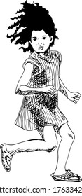 hand drawn ink illustration of a running little girl with think curly black hair, wearing a striped dress, isolated in a white background