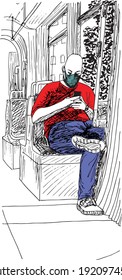 hand drawn ink illustration of a seated man in a bus, in a black and white background, he is holding a smartphone, wearing a red tshirt and blue pants, he is bald, trees are seen through the windows