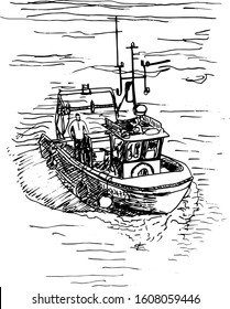 hand drawn ink illustration of small fishing boat in the water in white background