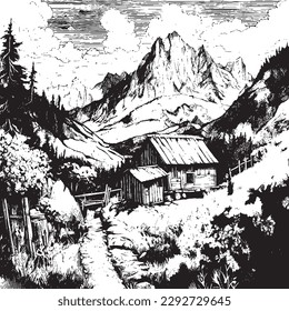 Hand drawn ink illustration of small wooden house in mountains