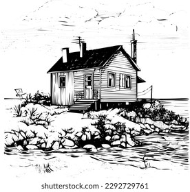 Hand drawn ink illustration of small wooden house near the sea, on a cliff