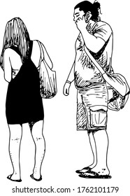 hand drawn ink illustration of a standing couple (woman seen from the back), with summer outfits : black dress and cargo shorts, tshirt, handbags and flip flops, isolated in a white background