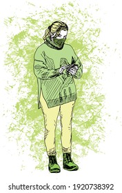 hand drawn ink illustration of a standing woman holding her smartphone, wearing a green mask, green sweater and yellow pants, in a green grunge background, she has blond hair