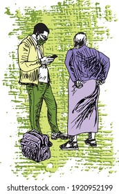 hand drawn ink illustration of a standing couple, wearing masks, colored clothes, man is holding a smartphone, in a grunge light green background, there is a piece of luggage in front of them