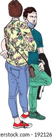 hand drawn ink illustration of a standing couple, woman seen from her back, isolated in a white background, she is wearing a yellow shirt with roses and leaves pattern, blue pants and has a handbag