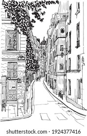 hand drawn ink illustration of a street in paris, quai de la tournelle, in black and white