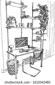 hand drawn ink illustration of a study room with a chair, a desk, a computer and a trash bin in black and white - curtains on right the side