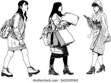 hand drawn ink illustration of three casual japanese townspeople walking, isolated in a white background