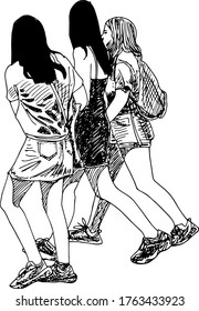 ilustración manuscrita de tres chicas caminando con zapatillas y ropa de verano: camisa, falda, pantalones cortos y vestido, aislados en un fondo blanco - una chica tiene una mochila