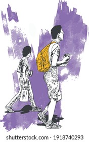 hand drawn ink illustration of two men walking, dressed in summer clothes (tshirt, pants and shorts), in a purple grunge background - they are holding drinks in their hands and are carrying bags