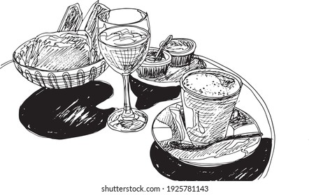 hand drawn ink illustration of a typical french breakfast including orange juice, coffee and french pastry, on a table, in black and white, isolated in a white background 