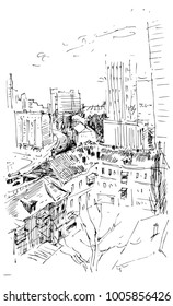 Hand drawn ink illustration. Unusual Street sketch, vector