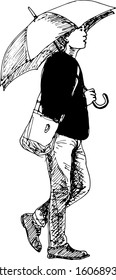 hand drawn ink illustration of an urban man walking and holding an umbrella and a handbag in white background