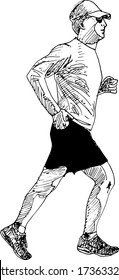 hand drawn ink illustration of an urban jogger wearing a cap in a white background