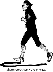 hand drawn ink illustration of an urban male jogger wearing glasses in a black tracksuit in a white background