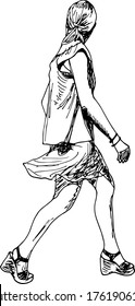 hand drawn ink illustration of a walking woman with a flying skirt - wearing wedge sandals, isolated in a white background