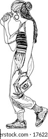 hand drawn ink illustration of a walking woman (holding a smartphone) with a summer outfit : sweat pants and sneakers, isolated in a white background