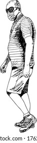 hand drawn ink illustration of a walking man with a mask/sunglasses on his face - wearing shorts and a tshirt, isolated in a white background