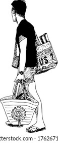 hand drawn ink illustration of a walking man carrying two bags and a handbag, wearing shorts, a black tshirt and summer shoes, isolated in a white background