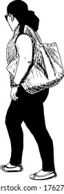 hand drawn ink illustration of a walking woman with a bag, wearing a top and black trousers, isolated in a white background