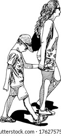 hand drawn ink illustration of a walking woman and her son, holding hands, wearing summer clothes : shorts and tshirts, sunglasses, sandals, isolated in a white background