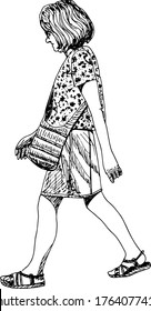 hand drawn ink illustration of a walking woman with a bag and glasses, dressed in summer clothes : a flower top and a skirt, wearing sandals, isolated in a white background