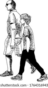 hand drawn ink illustration of a walking father with sunglasses, with his young son, dressed in summer clothes : tshirts, shorts and pants, isolated in a white background