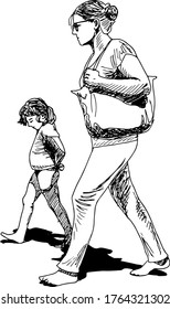 hand drawn ink illustration of a walking woman (wearing sunglasses) with her young daughter in summer clothes : tshirts and pants, isolated in a white background - the mother is carrying a bag