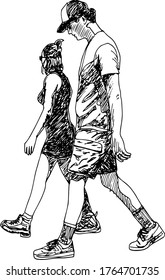 hand drawn ink illustration of walking young couple with sneakers, man has a cap, sunglasses on both, dress and shorts, isolated in a white background