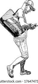 hand drawn ink illustration of a walking bearded man with shorts and a tshirt, carrying a big bag and a smartphone, wearing sneakers and a cap, isolated in a white background