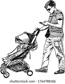hand drawn ink illustration of a walking father holding a smartphone and a stroller, wearing a tshirt and pants, isolated in a white background
