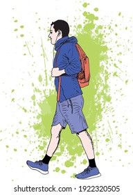 hand drawn ink illustration of a walking man with an orange backpack, listening to music, wearing a sweater and shorts, tennis shoes, in a green grunge background