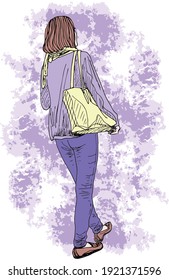 hand drawn ink illustration of a woman walking, showing her back, carrying a yellow handbag, wearing purple clothes (pants and cardigan), brown urban shoes, in a purple grunge background