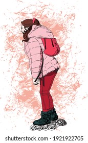 hand drawn ink illustration of a woman standing, inline roller skates, with a red backpack, a peach winter jacket and red pants, in a peach grunge background 