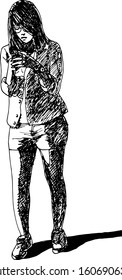 hand drawn ink illustration of a young girl looking at her smartphone in white background
