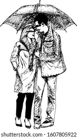 hand drawn ink illustration of a young couple wearing jackets, coats and a scarf plus holding an umbrella in white background