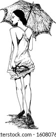 hand drawn ink illustration of young woman holding shoes and umbrella walking away in white background
