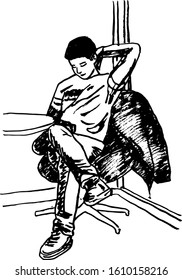 hand drawn ink illustration of a young boy sitting with his black jacket behind him - black and white background