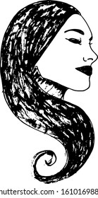 hand drawn ink illustration of a young woman portrait profile with long black hair isolated in a white background