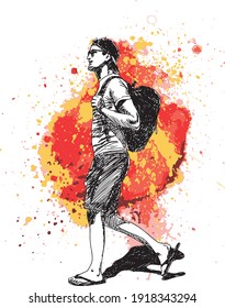 hand drawn ink illustration of a young man with a cap, wearing summer clothes, carrying a black backpack and walking in a grunge colorful background (red, yellow, pink and brown)