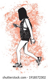 ilustración manuscrita de una joven o niña caminando, vestida con ropa de verano (pantalones cortos sensuales) y zapatillas de deporte, con fondo de color rosa
