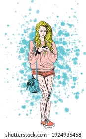 Hand Drawn Ink Illustration Of A Young Girl With Her Smartphone, Standing, With A Blue Handbag On Her Shoulders, Wearing A Sweater And Shorts, And Orange Tennis Shoes, In A Blue Grunge Background