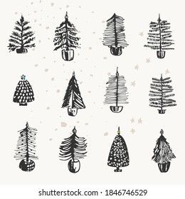 Hand drawn ink illustrations. Christmas tree set for winter holidays and new year celebration party invitation.