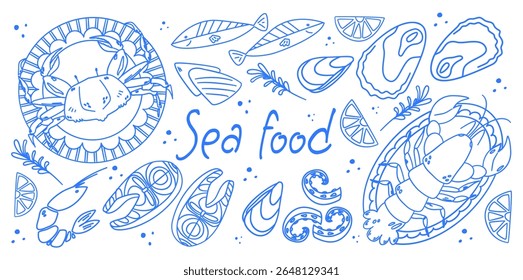 Tinta desenhada à mão conjunto de vetor isolado de frutos do mar. Camarões, lagosta, salmão, ostras, mexilhões, lula, caranguejo. Comida vintage ilustração.