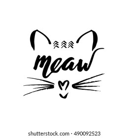 Hand drawn ink lettering design with meaw and cat face.