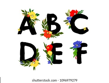 Hand drawn ink lettering with the flavors.  Floral typographic alphabet 
 design. Wedding font with flowers. Letters A,B,C,D,E,F