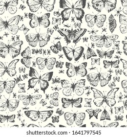 Hand drawn ink line art butterfly seamless pattern. Vintage style background for packaging, beauty design.
