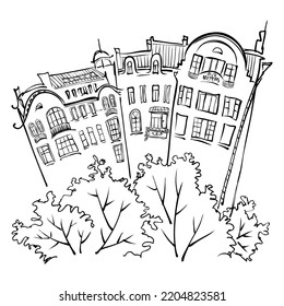 Hand Drawn Ink Line Art Sketch Of City Houses Illustration In Vector For Creative Design Art Work Card Banner Poster Fabrics Textile. Freestyle Architectural Urban Sketching Style.